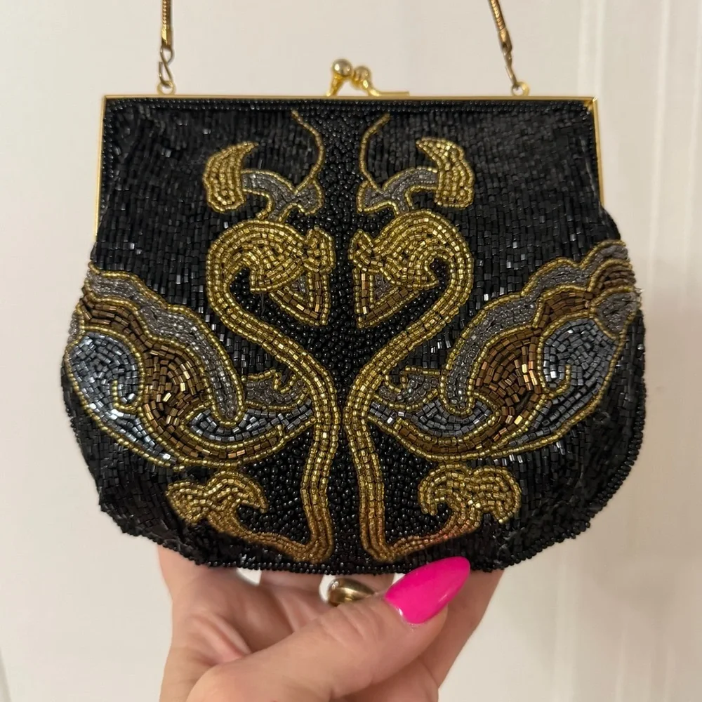 Lauren Alexandra Beaded Black and Gold Evening Bag kiss lock vintage swans - Picture 3 of 8